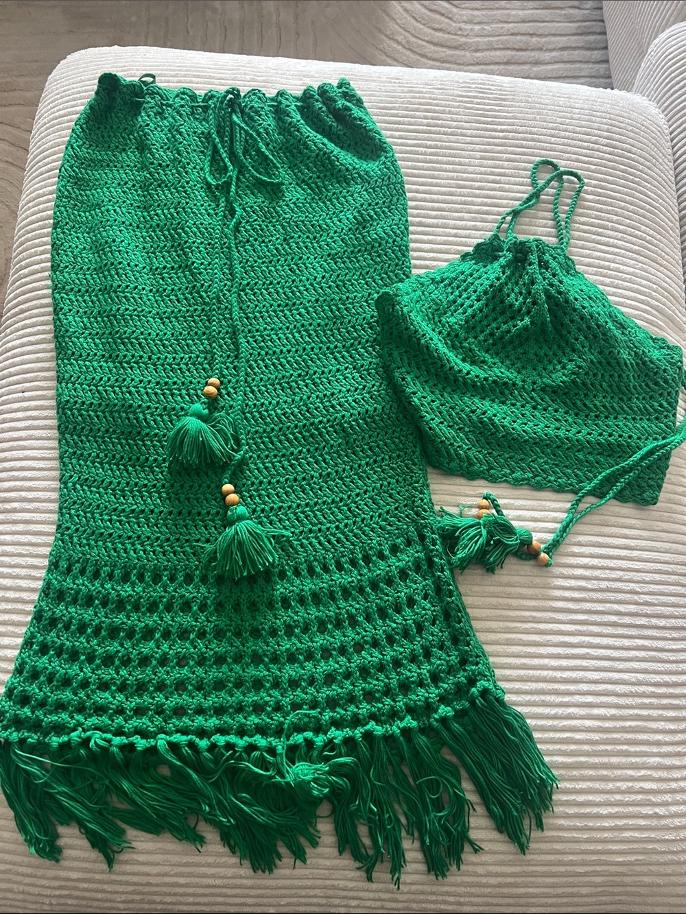 Green Crochet Kids One-Piece Set - Sleeveless Top & Skirt